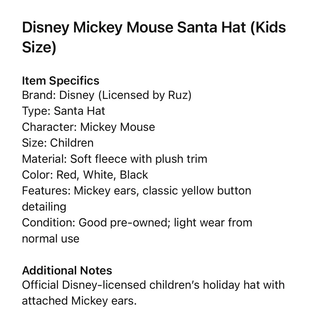 Disney Mickey Mouse‎ Santa Hat Kids Holiday Christmas Fleece Plush Ears